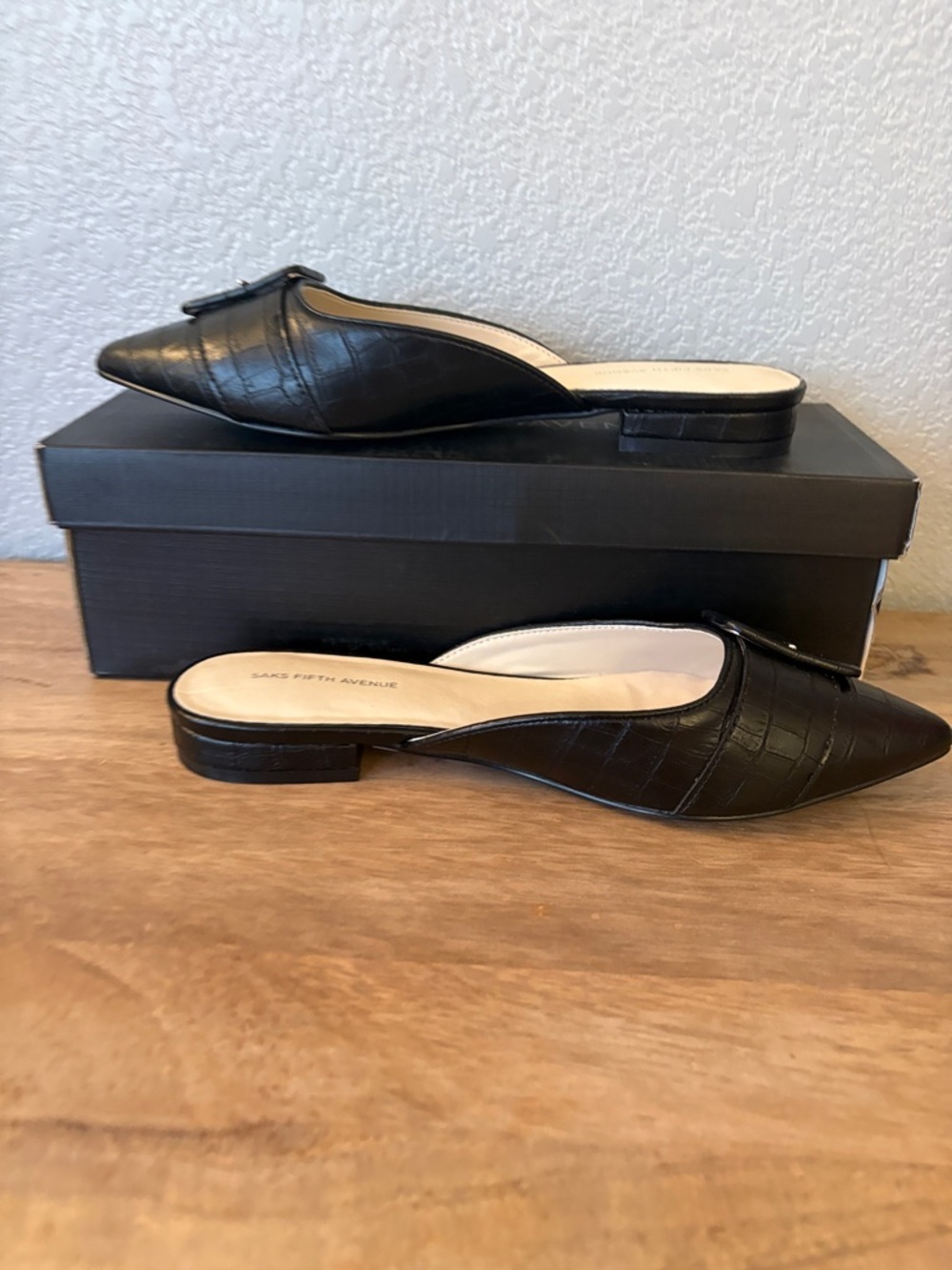 Saks Fifth Avenue Black Croc-Embossed Pointed Leather Mules